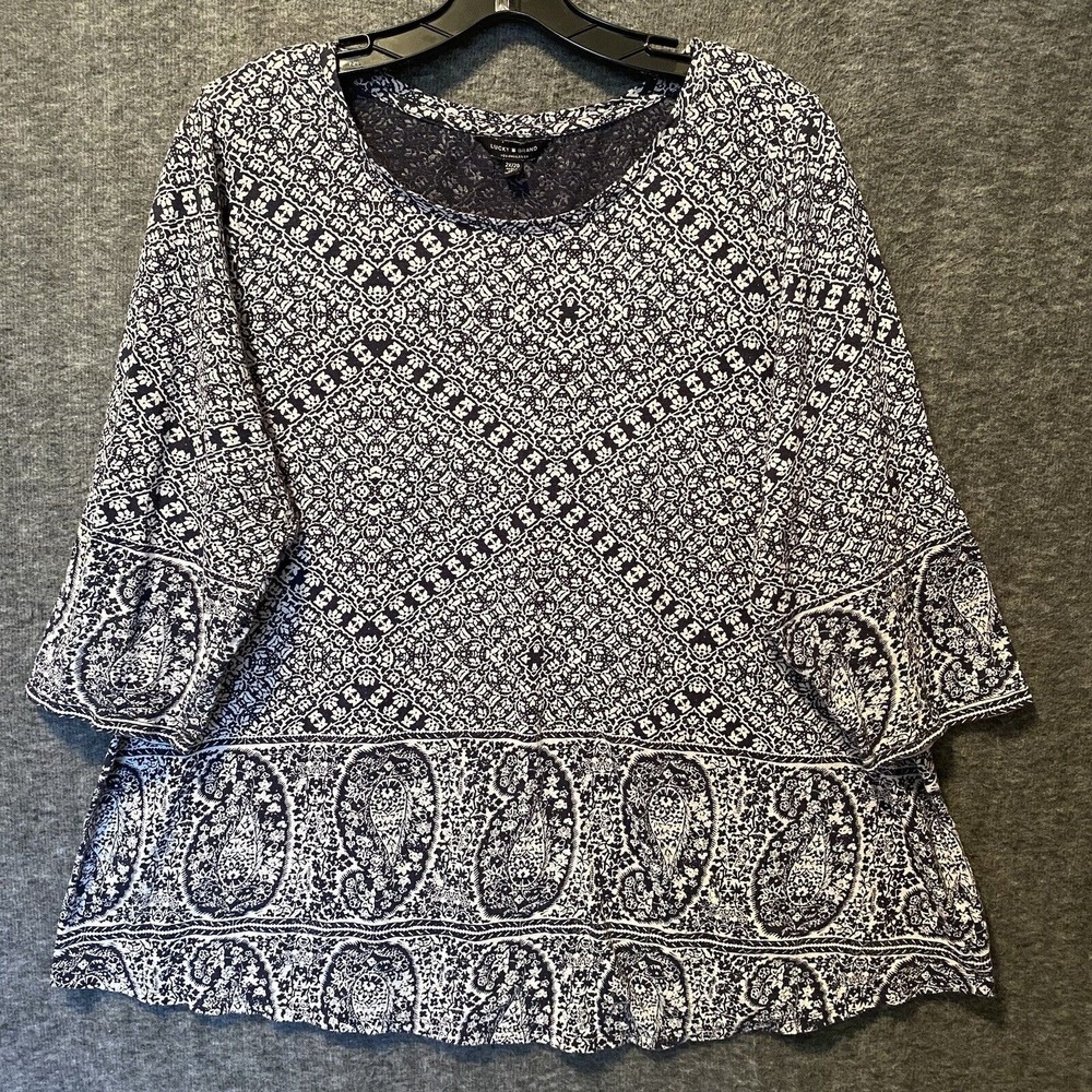 Lucky Brand Top Women 2X Navy Floral Boho Stretch Modal Tunic Tee Shirt Blouse
